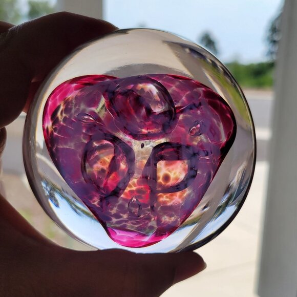 Handcrafted Glass Paperweight With Purple Pink Swirl Design Artist Signed - Picture 1 of 6